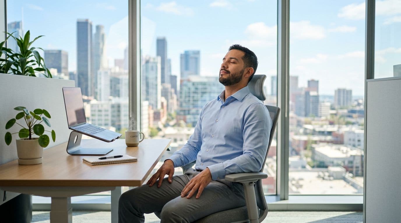 A solo office employee sits at a modern desk with eyes closed in deep breath, hands relaxed on lap, in a bright room featuring a cityscape window, realistic style with soft natural lighting.