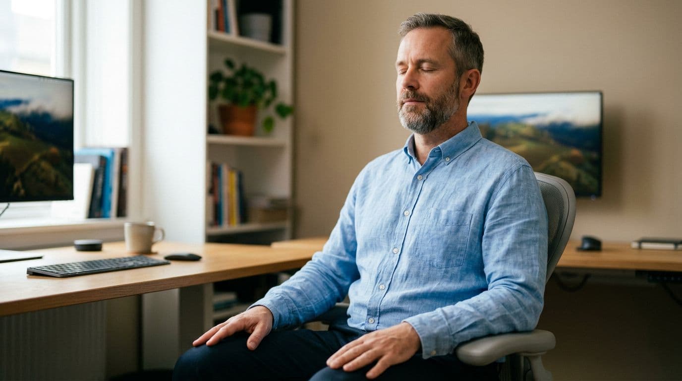 An employee sits calmly at a simple office desk with eyes closed and hands relaxed on knees, performing a deep breathing exercise. Realistic upper-body photograph with soft natural light and visible calm respiration.