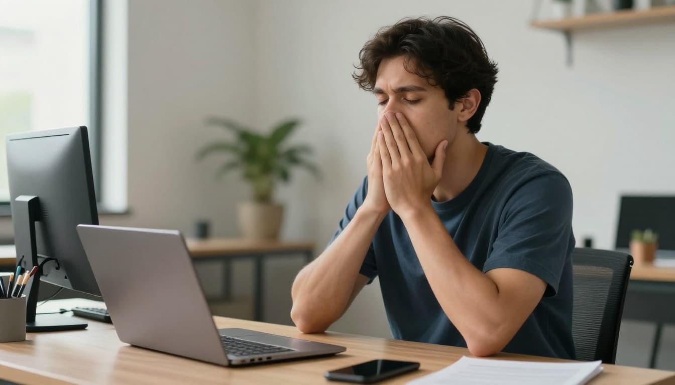 A person in a modern office sits at a desk with a laptop, hands on chest demonstrating deep breathing with a calm relief expression on their face. Soft natural lighting from the window highlights the central composition in a realistic photographic style.