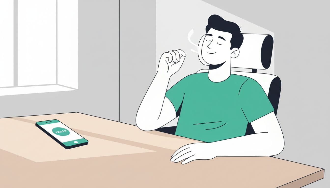 Relaxed person at modern office desk breathes deeply with eyes closed, hand on knee, Pausa app phone angled on table.
