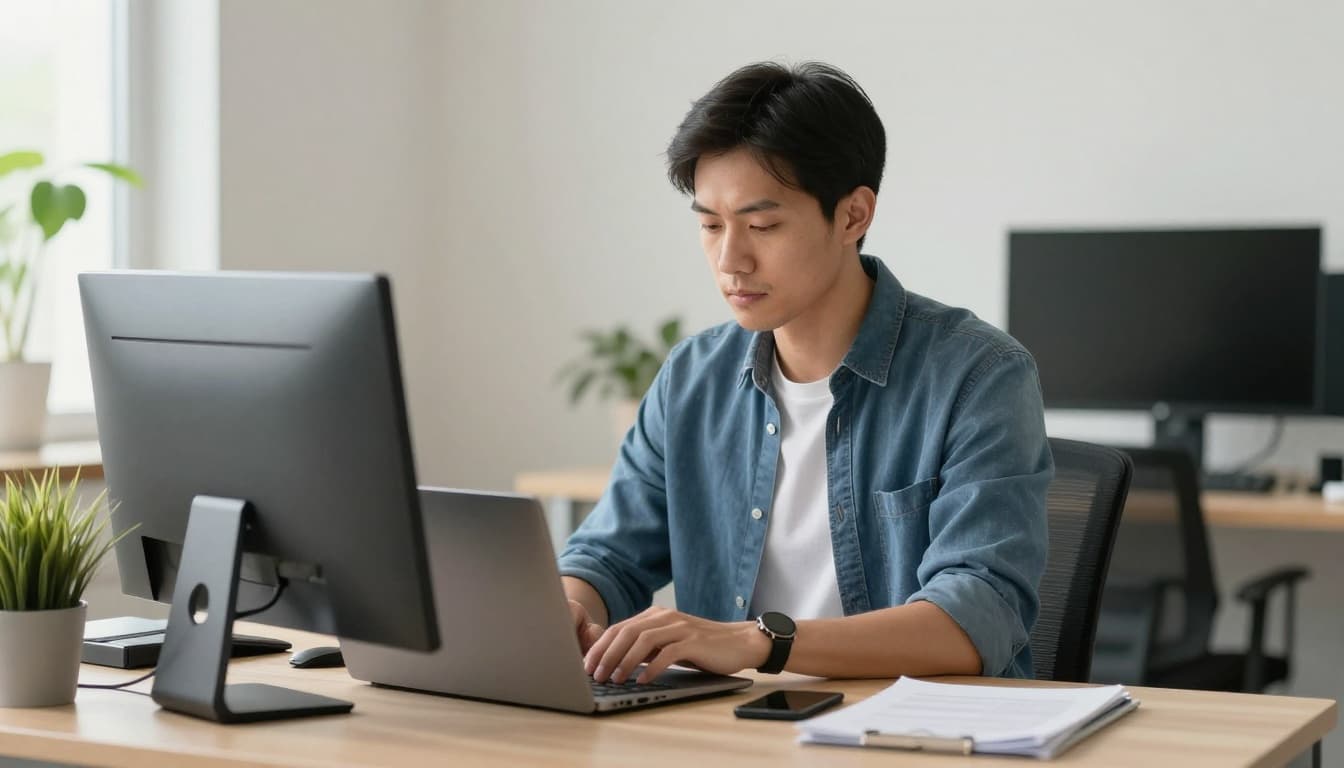 An office employee sits calmly at a modern hybrid workstation with laptop and plants, eyes closed and hands on belly, practicing deep breathing for relaxation. Realistic style with soft natural lighting, centered on the single person, no text or logos.