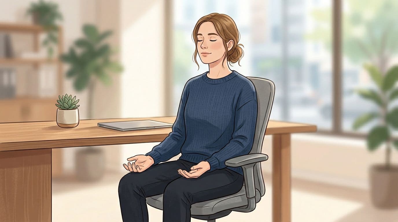 Pessoa sentada em uma cadeira de escritório fazendo respiração profunda com olhos fechados, em ambiente calmo.