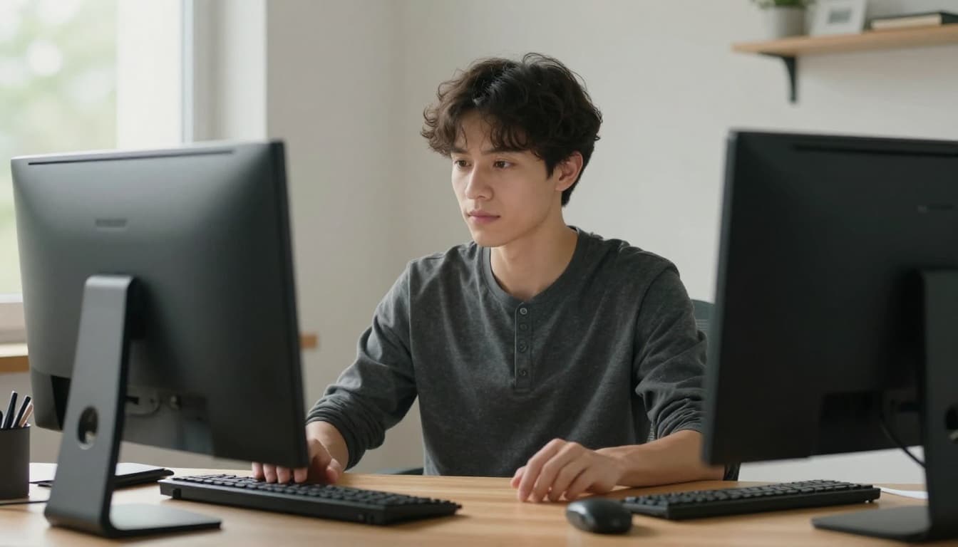 An office worker sits at a modern desk with a computer, breathing deeply with upright posture, relaxed shoulders, and hand on the belly, under soft natural light in a realistic photography style.