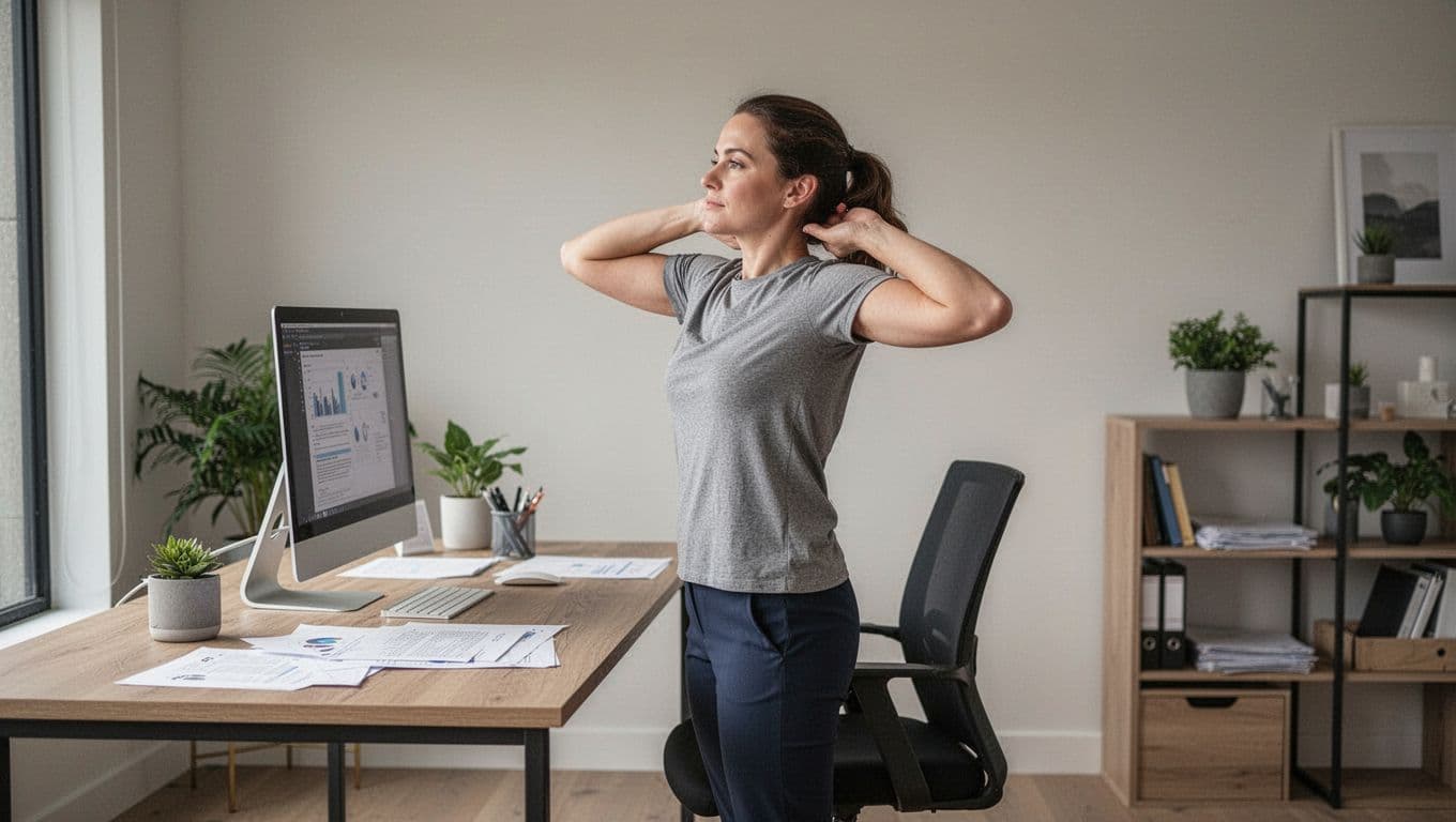 Office worker standing at desk in modern home office doing shoulder rolls and neck stretches, side view showing full body movement with natural daylight.