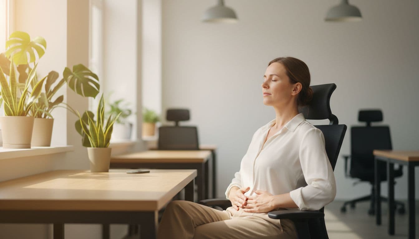 Office worker at modern desk with eyes closed, hands on abdomen, deeply breathing for relaxation in serene workspace with natural light and plants.