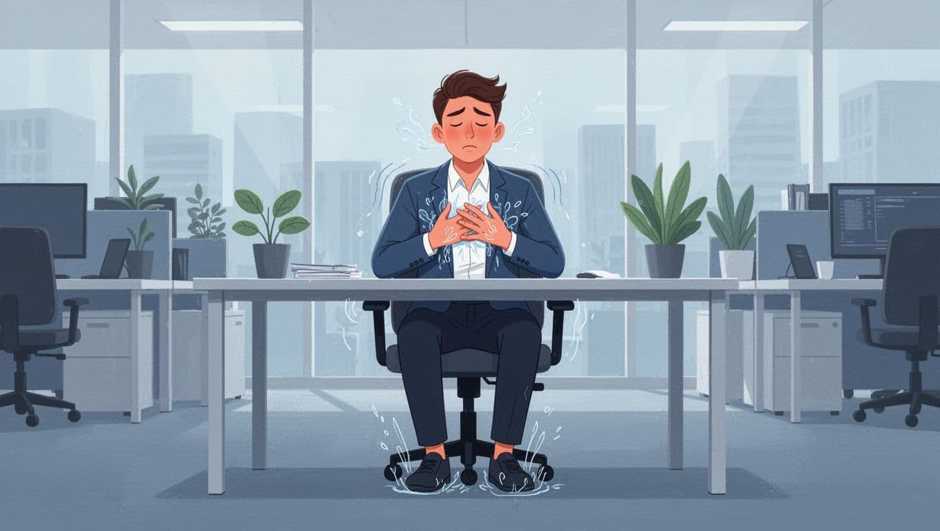 Modern illustration of a young professional in an open office discreetly managing panic by grounding feet and deep breathing, with a calm expression emerging.