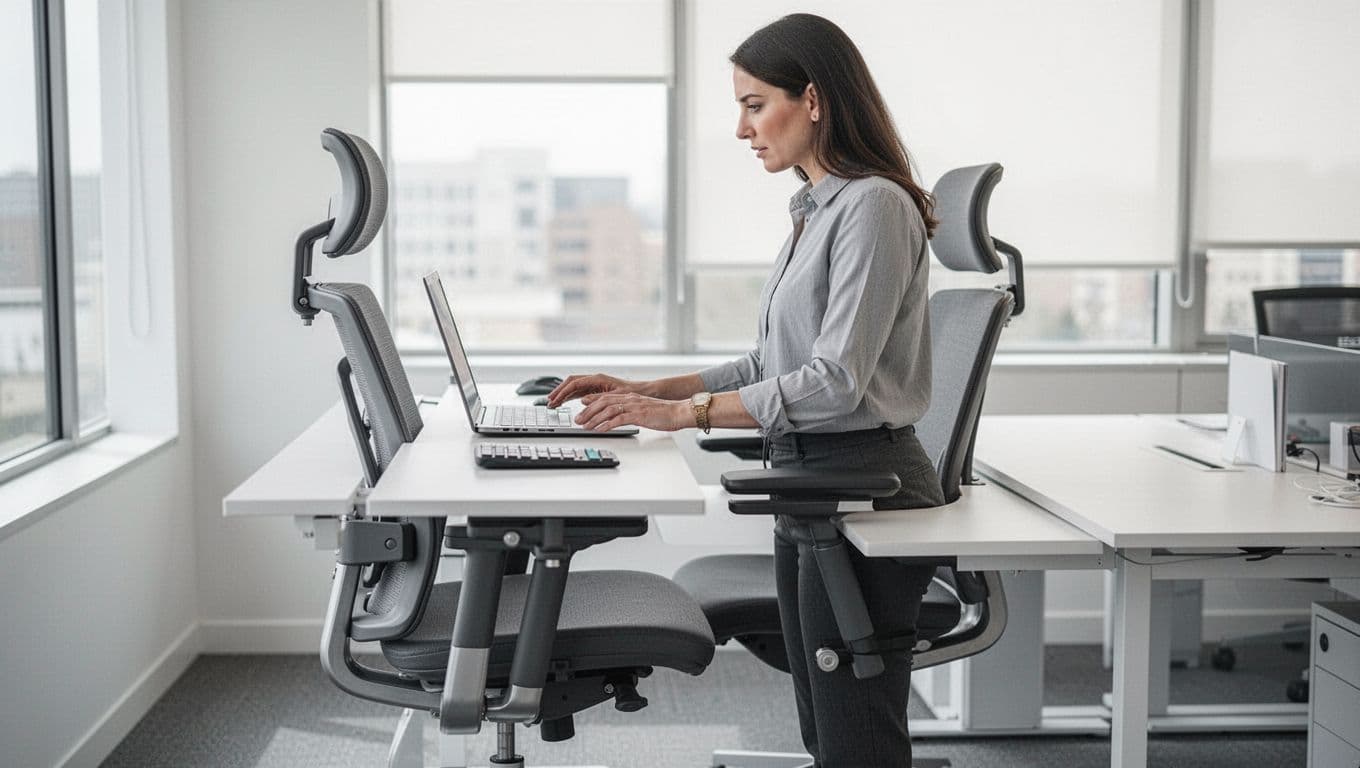 A side view of an office worker standing and adjusting an ergonomic chair and desk setup to improve posture, with laptop, keyboard, and mouse correctly positioned in a neutral modern workspace illuminated by bright natural light.