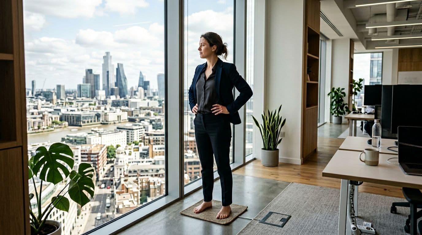 A calm office worker stands by a window in a modern office, hands on hips, looking out with focused serenity during a grounding exercise. Photorealistic scene with natural daylight, exactly one person, full edge-to-edge composition.
