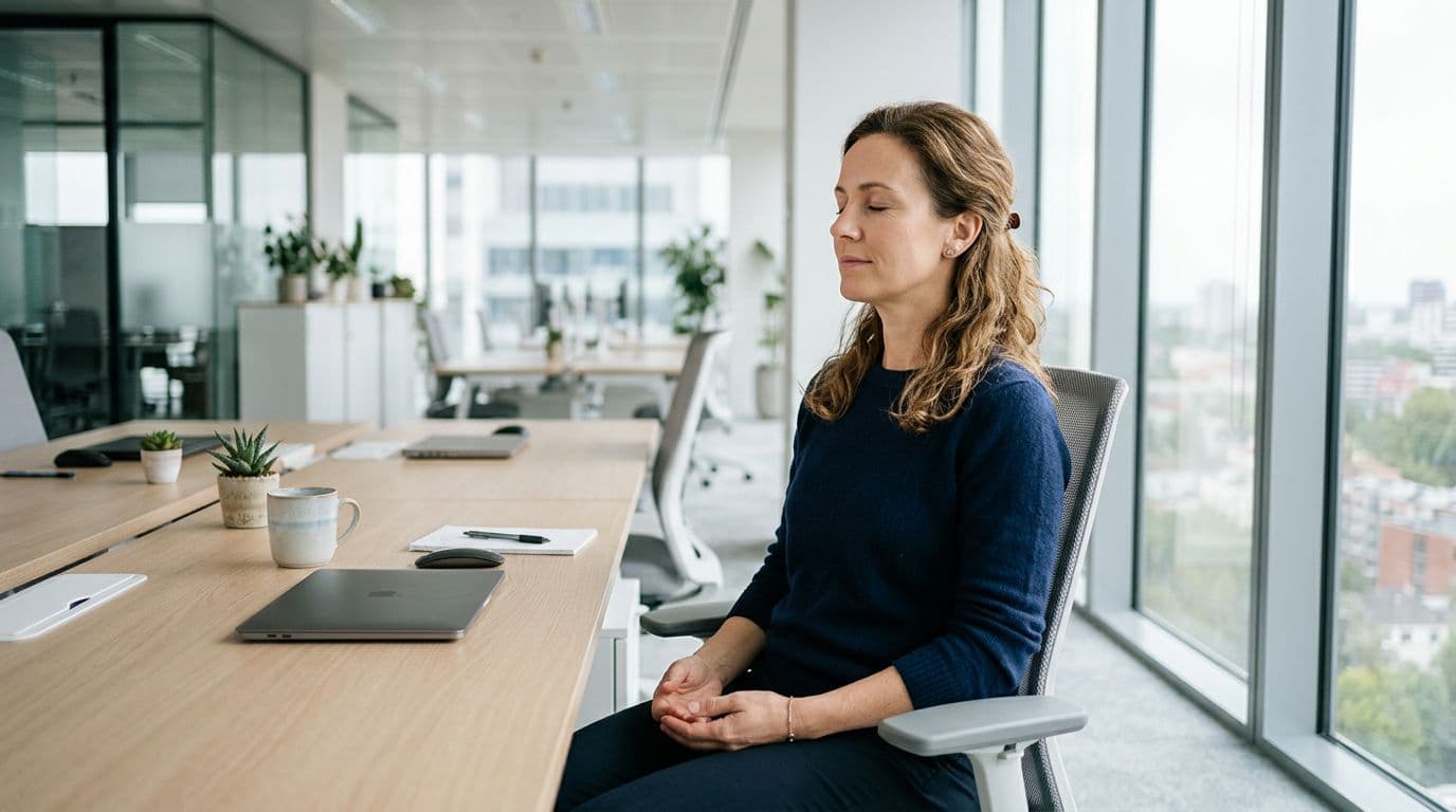 A person sits calmly at a desk in a clean corporate office, performing a guided breathing exercise with eyes closed and hands relaxed on their lap, illuminated by soft natural light in a photorealistic style.
