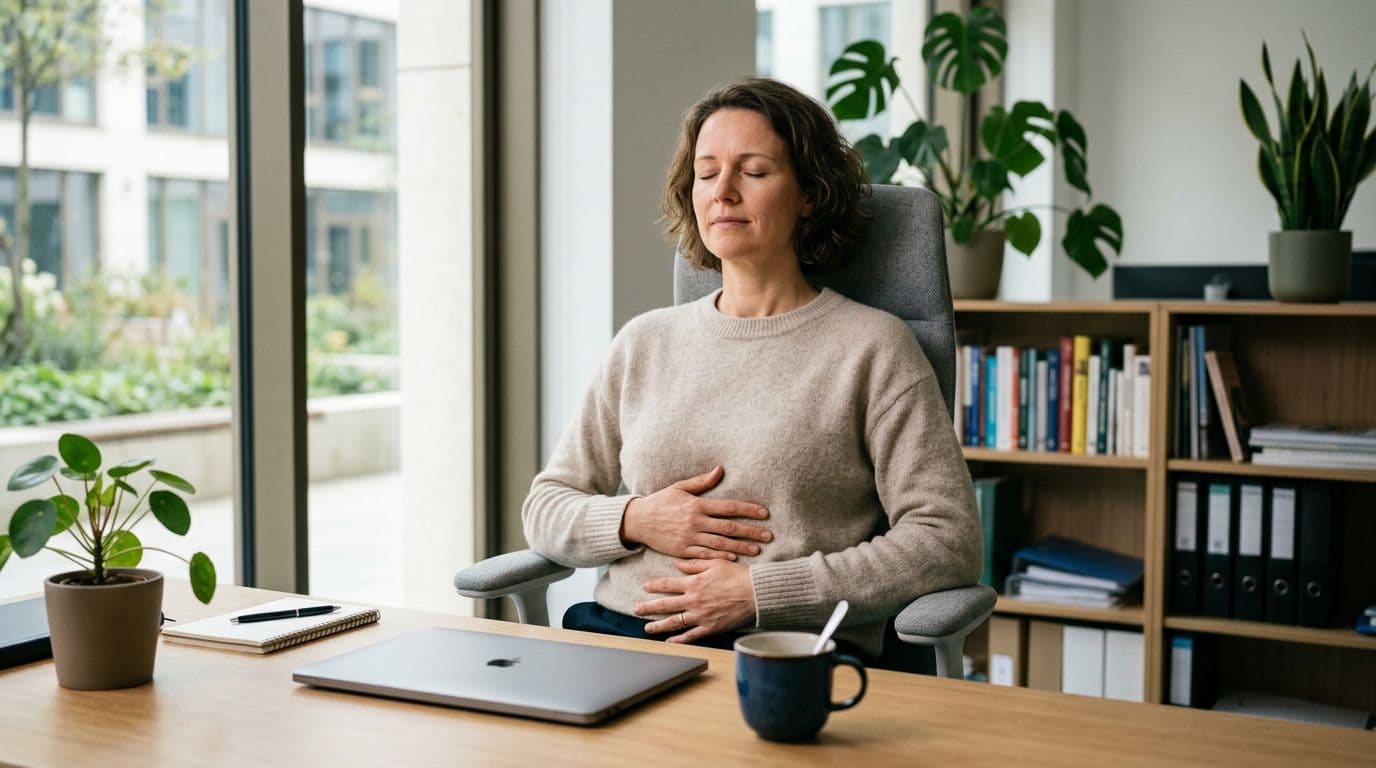 A relaxed person seated at an office desk performs a guided breathing exercise with eyes closed and hands on the abdomen, surrounded by a closed laptop and coffee mug under soft window lighting in a realistic style.