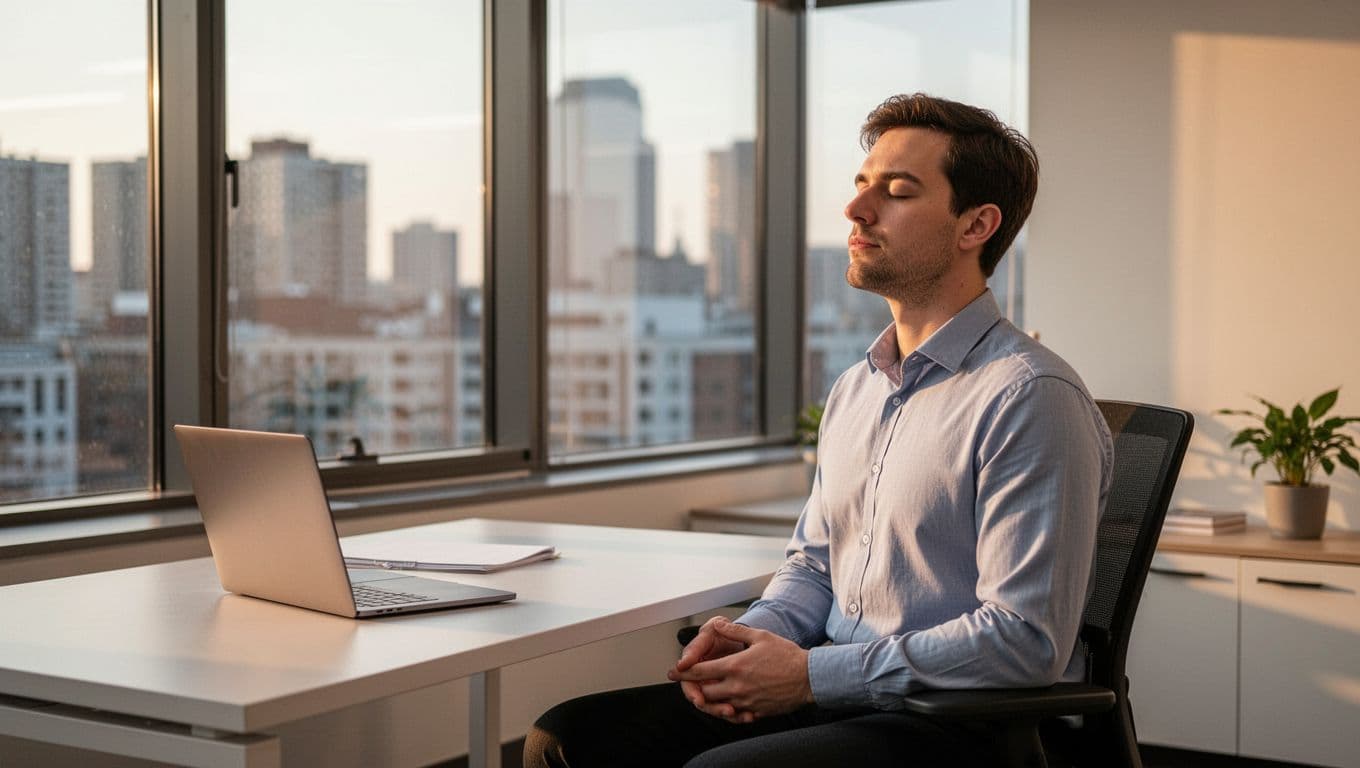 A calm office employee at a modern desk takes a 3-minute mental break with guided breathing, eyes closed and hands relaxed on lap, in a hybrid workspace featuring an open laptop and urban window view under soft afternoon natural light. Realistic photographic style with exactly one person, no text or logos.