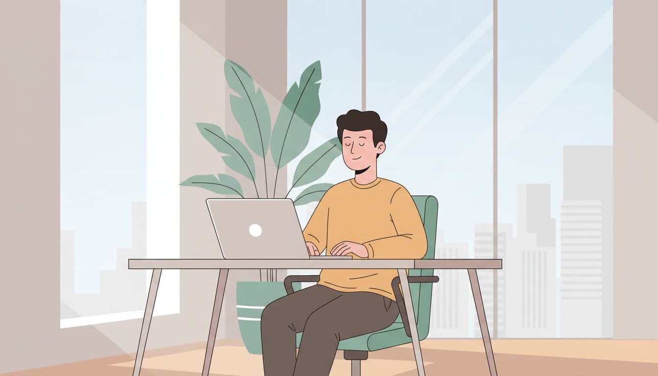 A single office worker in a modern CDMX office sits calmly at a desk with a laptop, eyes closed and hands relaxed on lap during a guided breathing micro-pause, illuminated by soft natural light in a clean modern illustration style.