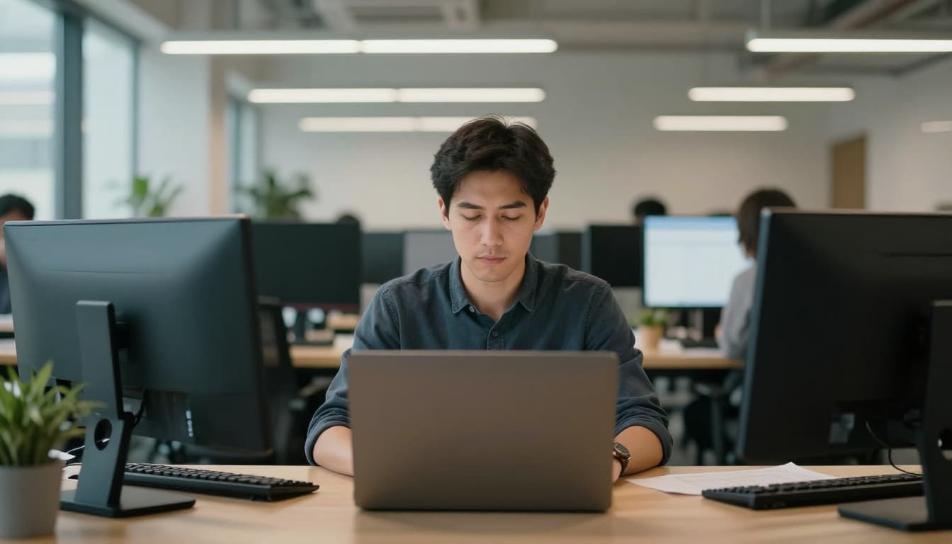 An office employee sits at his desk in a modern open space, eyes closed for calm guided breathing with relaxed shoulders, open laptop unused in front, soft natural light, realistic photo style.