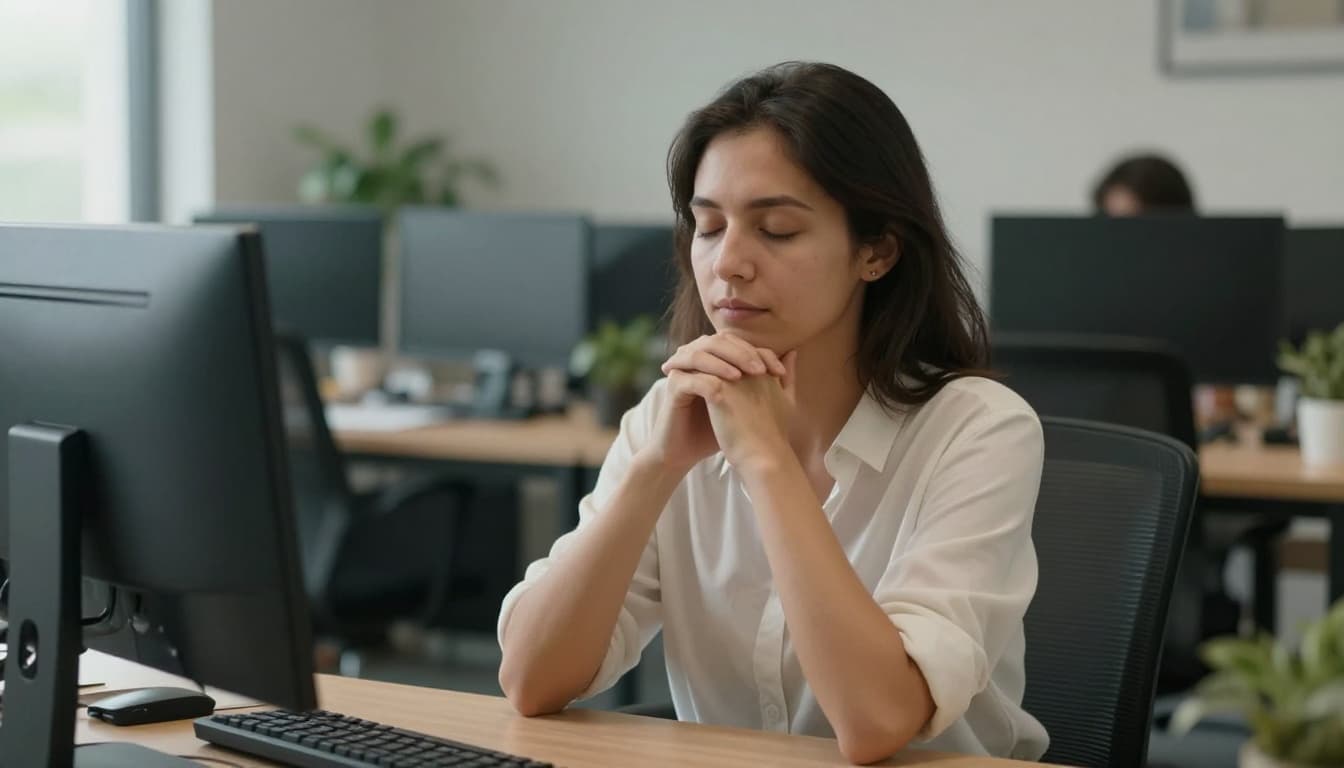 A person seated in an office chair takes a guided breathing pause, eyes closed with hands relaxed on lap, in a modern office with plants, photorealistic close-up of upper torso with soft daytime light.