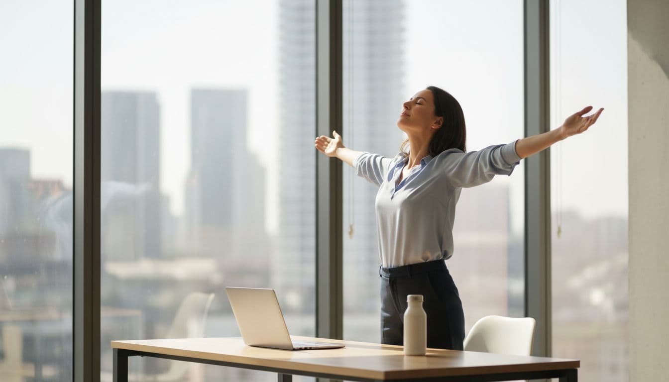 An office worker stands at their desk taking a short micro-break, gently stretching arms with eyes closed and deep breathing for relaxation. Laptop closed nearby, city view window, natural daylight, photorealistic style, one person only.