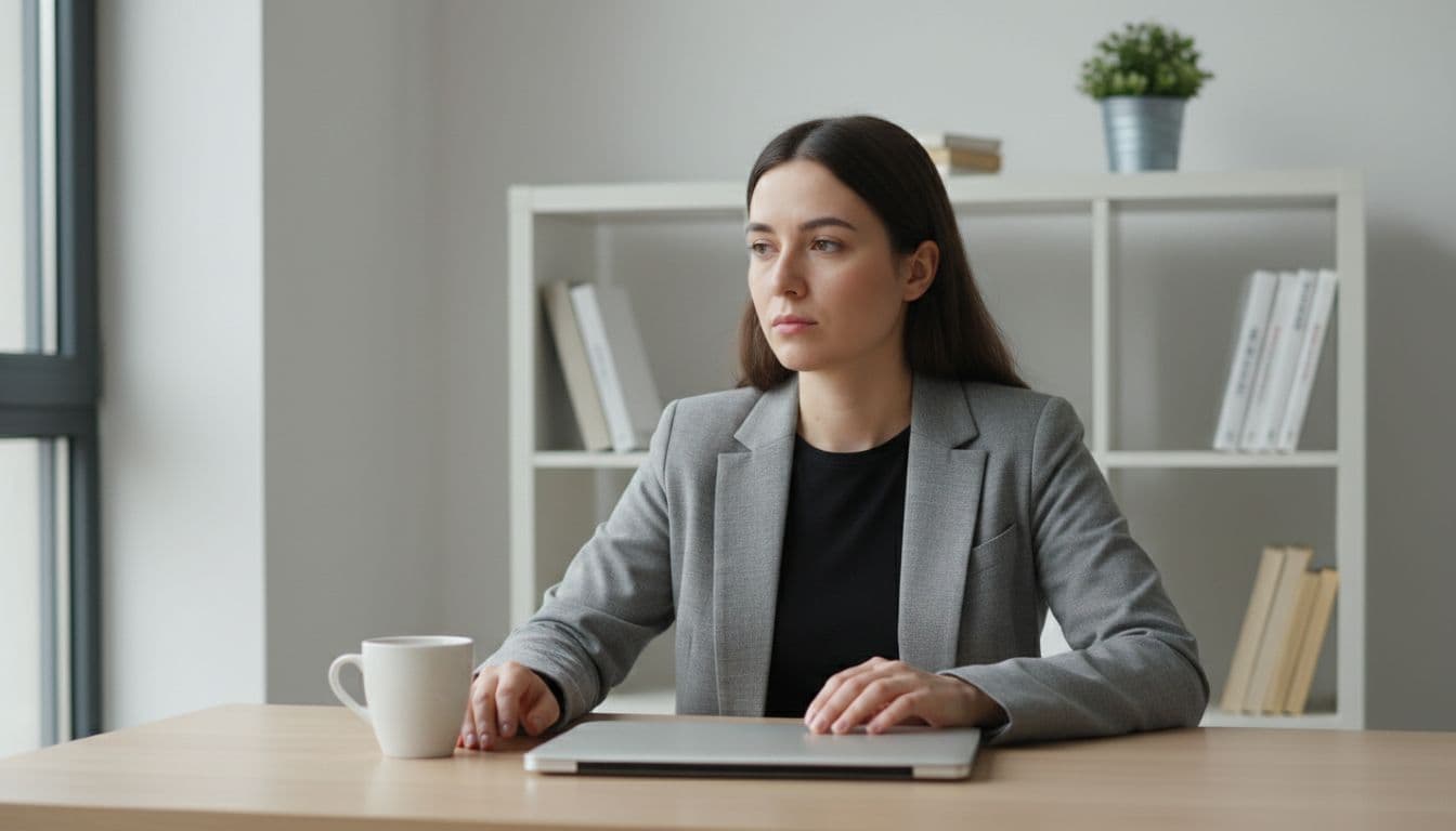 A solitary person in a modern office sits at a desk with a closed laptop, displaying mild fatigue and a distracted gaze into the distance, relaxed hands on the table beside a coffee cup, soft natural light.