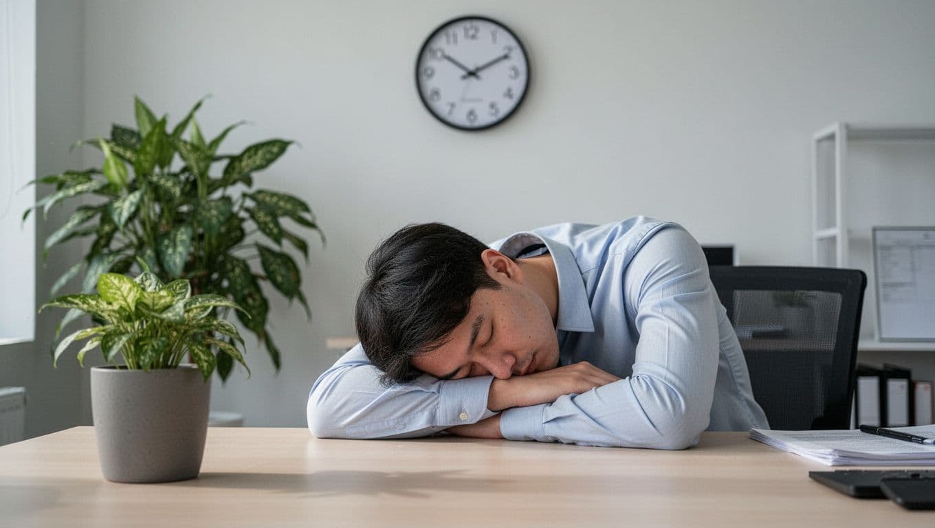 An office worker takes a short nap at their desk with head resting on arms in a quiet workspace, plant nearby, subtle clock showing lunch break, relaxed pose under natural indoor light.