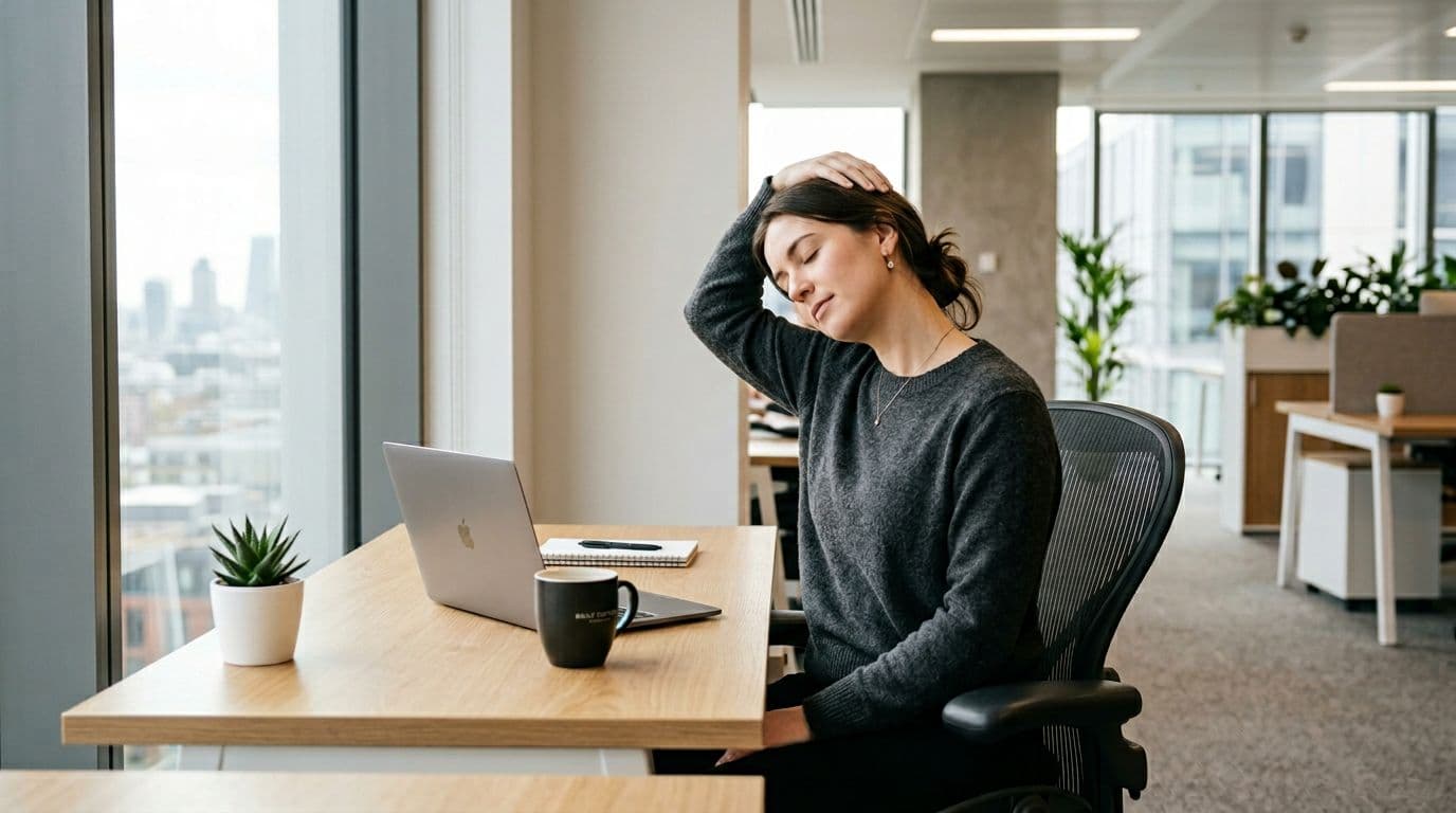 A single office worker seated in a chair performs a gentle neck tilt stretch to one side, hand lightly supporting head, with a relaxed face. Modern office desk with closed laptop nearby, under soft natural lighting from a window, in realistic photo style.