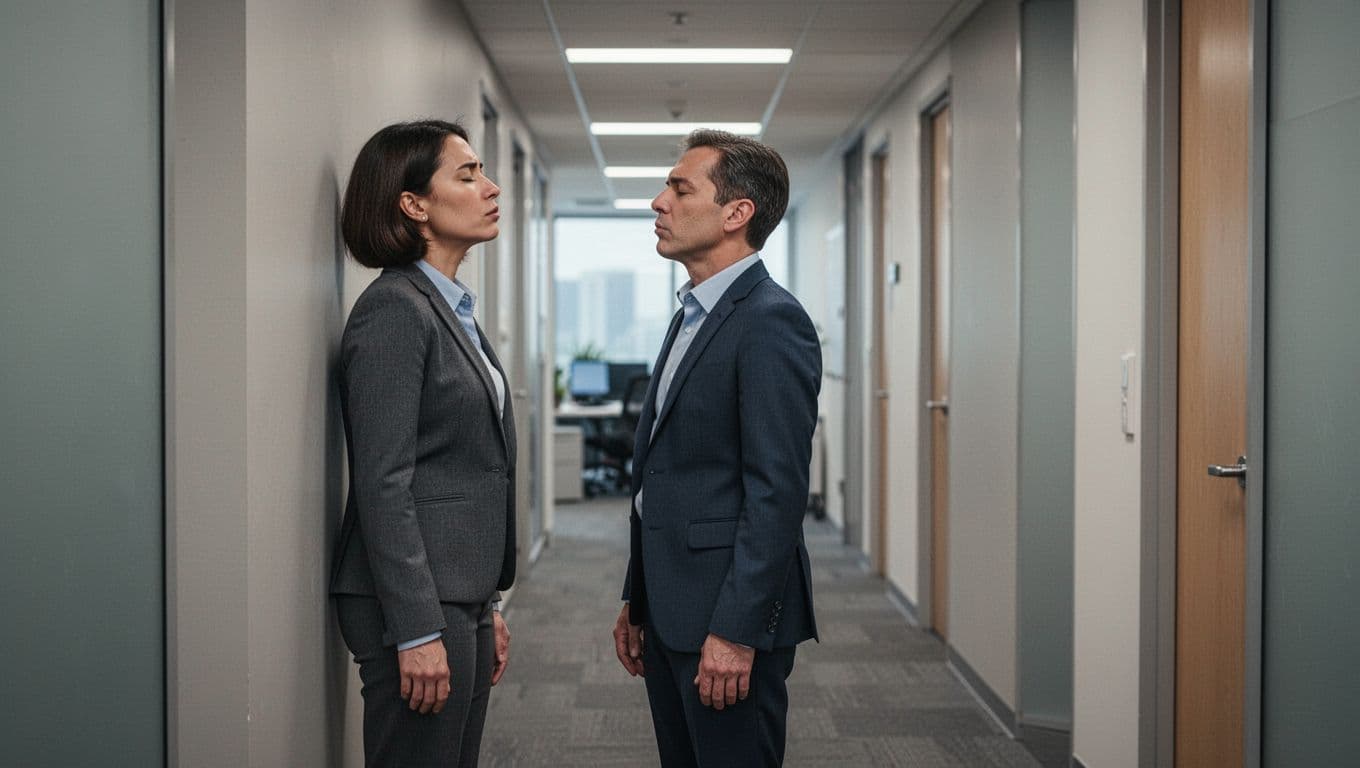 A single office worker stands with their back against the wall in a quiet hallway between meetings, eyes closed, performing a physiological sigh with double inhale and long exhale, hands relaxed at sides, showing relief on detailed face under soft diffused lighting.