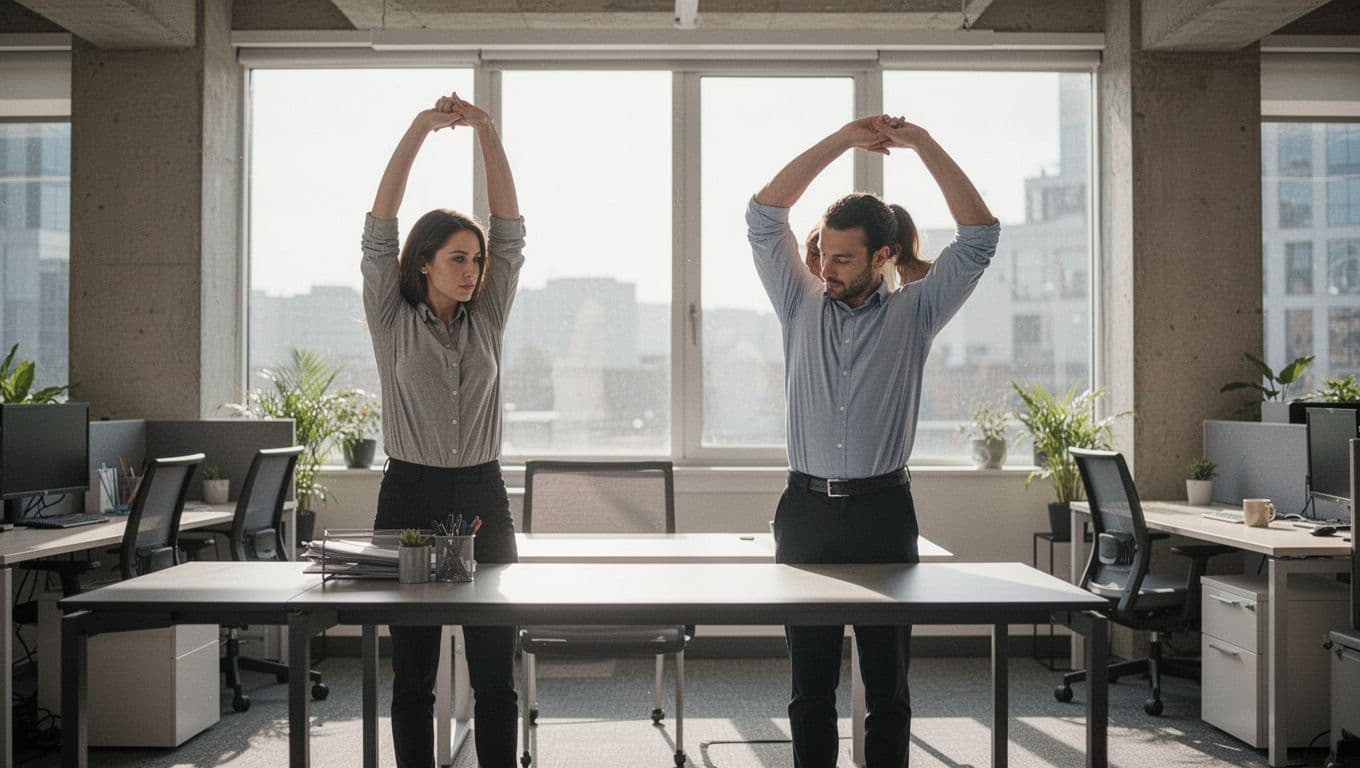 A single office worker in a modern open-plan workspace takes a short 5-10 minute break, standing beside desk gently stretching arms overhead and rolling shoulders, with natural daylight from a large window in the background.