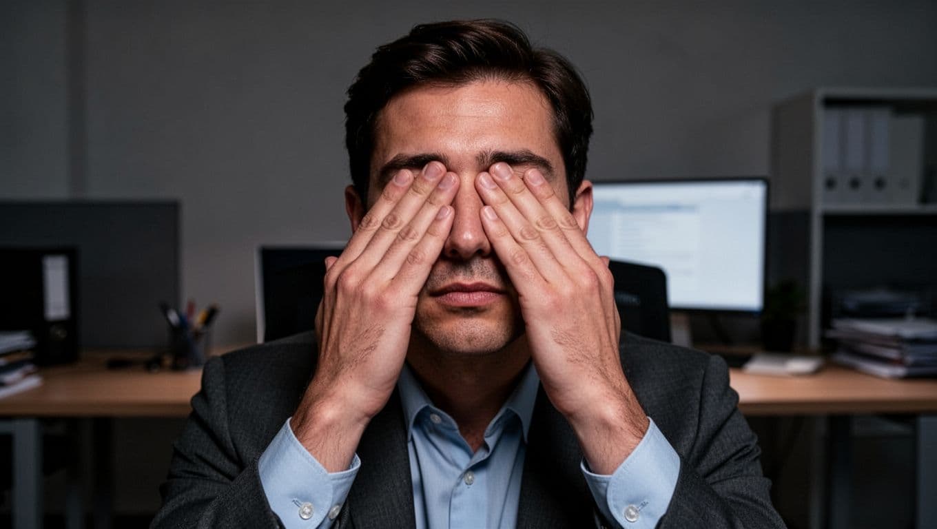 Close-up of a seated office worker with eyes closed and palms gently covering them in a relaxed palming position, under dim office lighting with a simple desk setup. Depicts a calm eye resting technique to relieve screen fatigue.