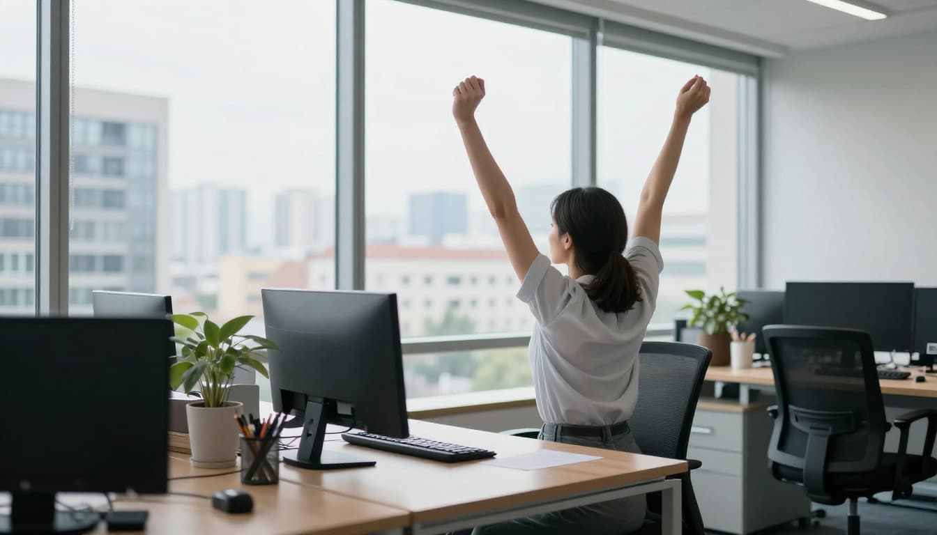 A single office worker stands from their desk in a modern office, stretching arms overhead while looking out a window at a cityscape, captured in realistic photography with natural daylight.