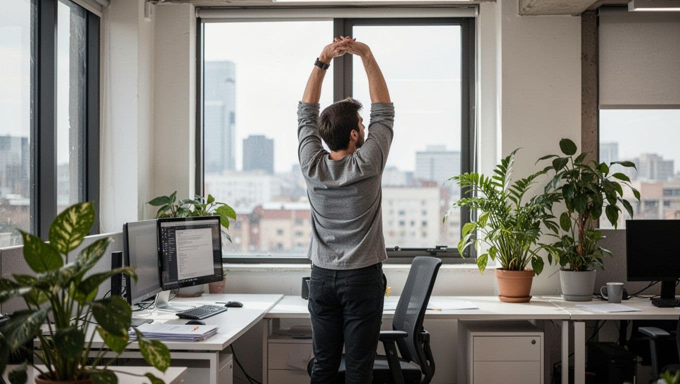A single office worker stands from their desk, stretches arms overhead, and looks out the window away from the computer screen in a modern office with plants and natural daylight.