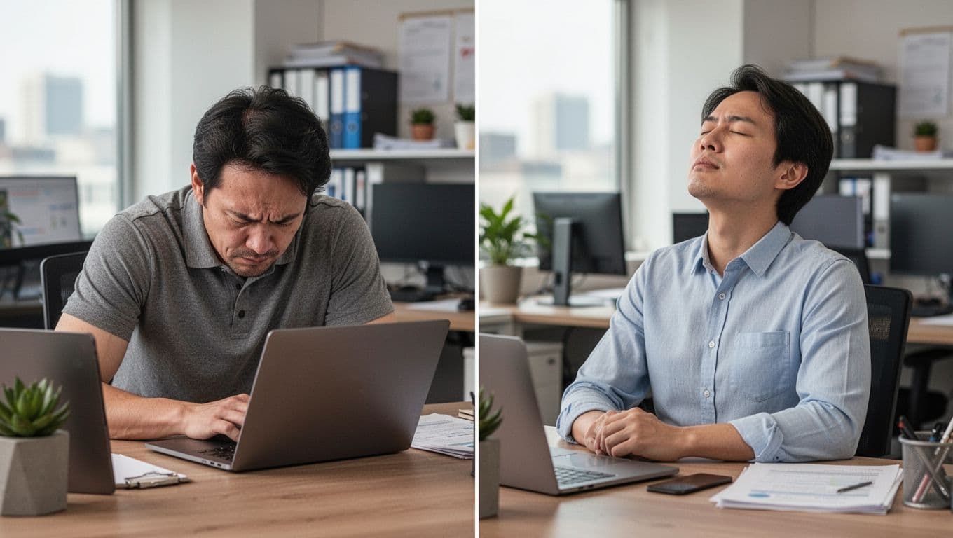 Split composition realistic photo of a desk worker in an office: left side shows tense shoulders hunched over laptop in mid-afternoon slump, right side shows relaxed deep breathing posture.