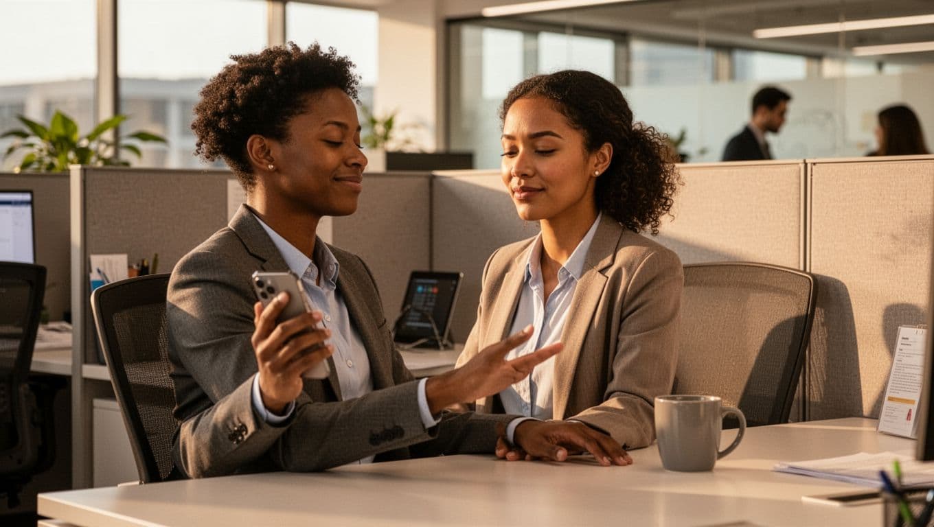 A diverse office worker sits relaxed at a modern cubicle desk, using a smartphone for a quick personalized breathing exercise after a stressful meeting, with a coffee mug nearby in warm afternoon light.