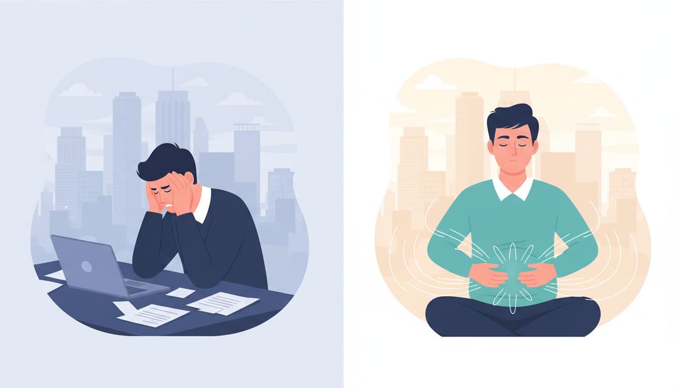 Split illustration of office worker shifting from head-in-hands stress to calm abdomen breathing, subtle Mexico City skyline background.