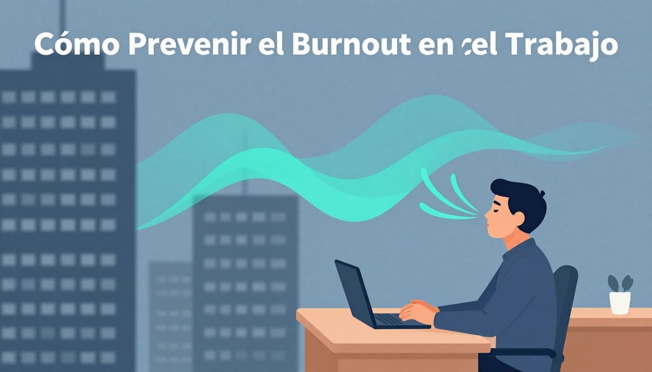 Modern illustration of a stressed office worker at a desk in a CDMX high-rise transitioning to a relaxed breathing pose with subtle before-after split, using clean shapes and a controlled palette.