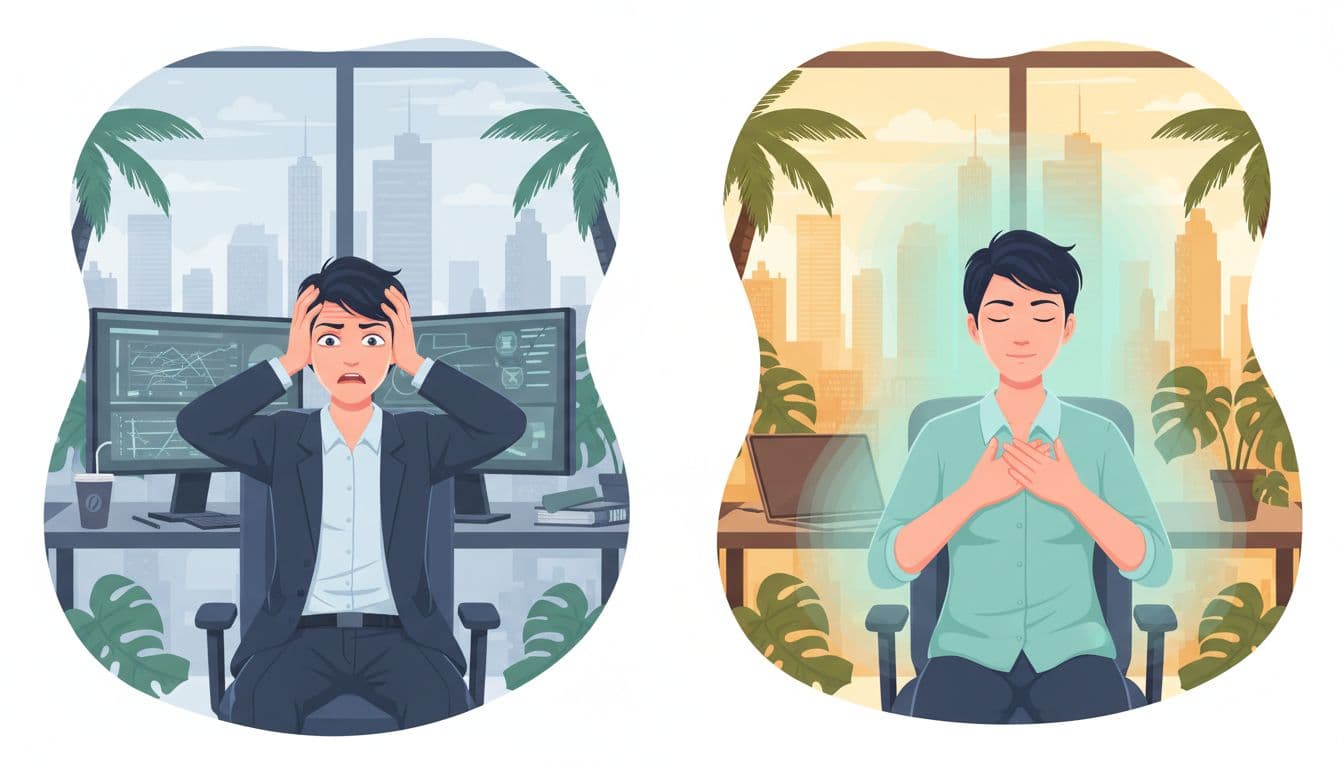 Split image: left tense professional hands on head at computer; right calm breathing hands on chest in bright plant-filled office with CDMX skyline.