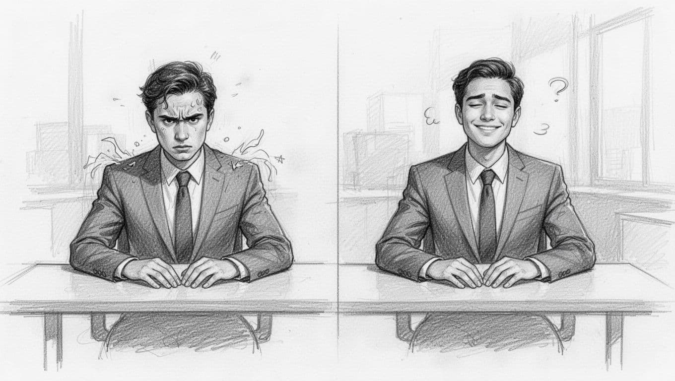 Hand-drawn sketch of a young professional in a modern office shifting from stressed (furrowed brow, tense shoulders) to calm (relaxed posture, soft smile) after physiological sigh, monochromatic graphite linework.