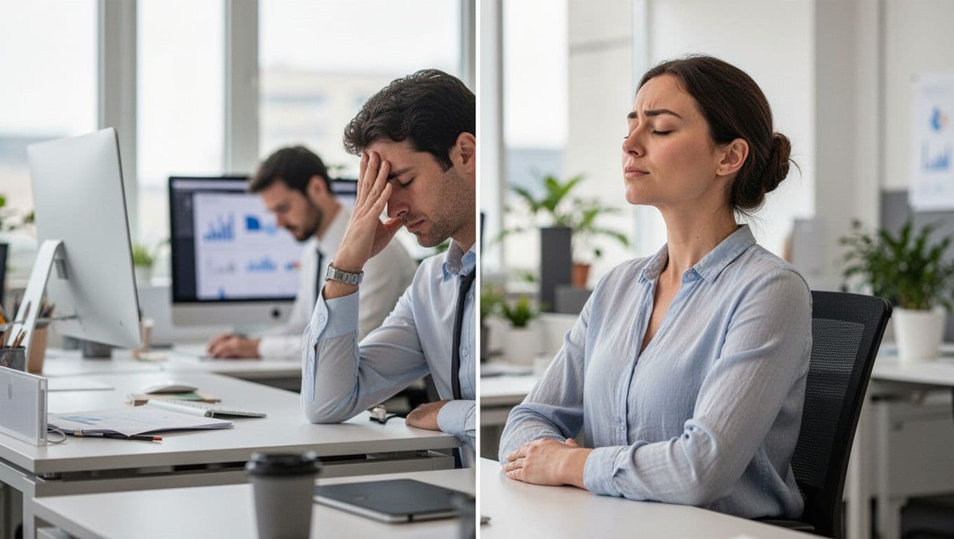 A single office worker at a modern desk transitions from tense stress with hand on forehead to relaxed breathing pose with eyes closed, in a bright office with natural daylight.