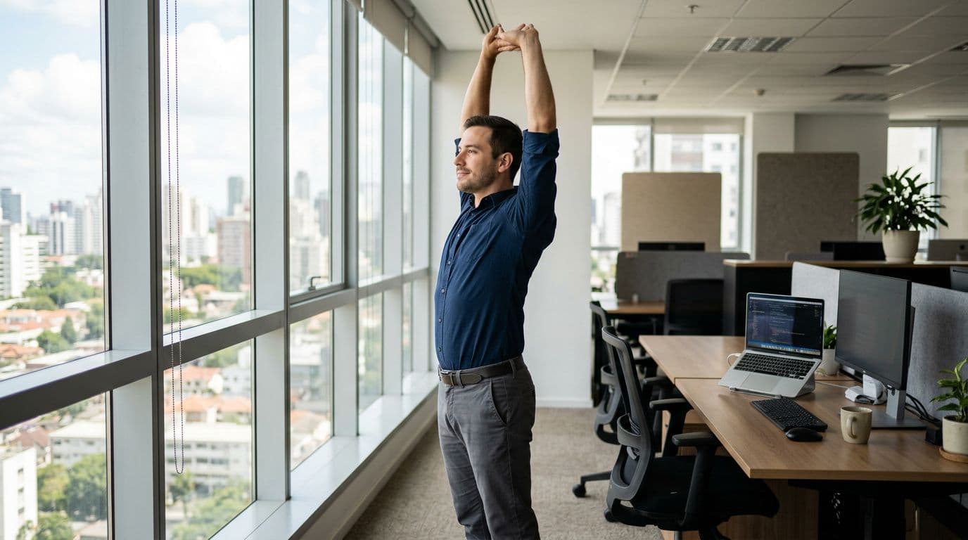 A single employee stands in an office taking a micro-pause, stretching arms upward with a relaxed expression while gazing out a distant window, desk and laptop in the background, natural lighting, realistic photographic style.
