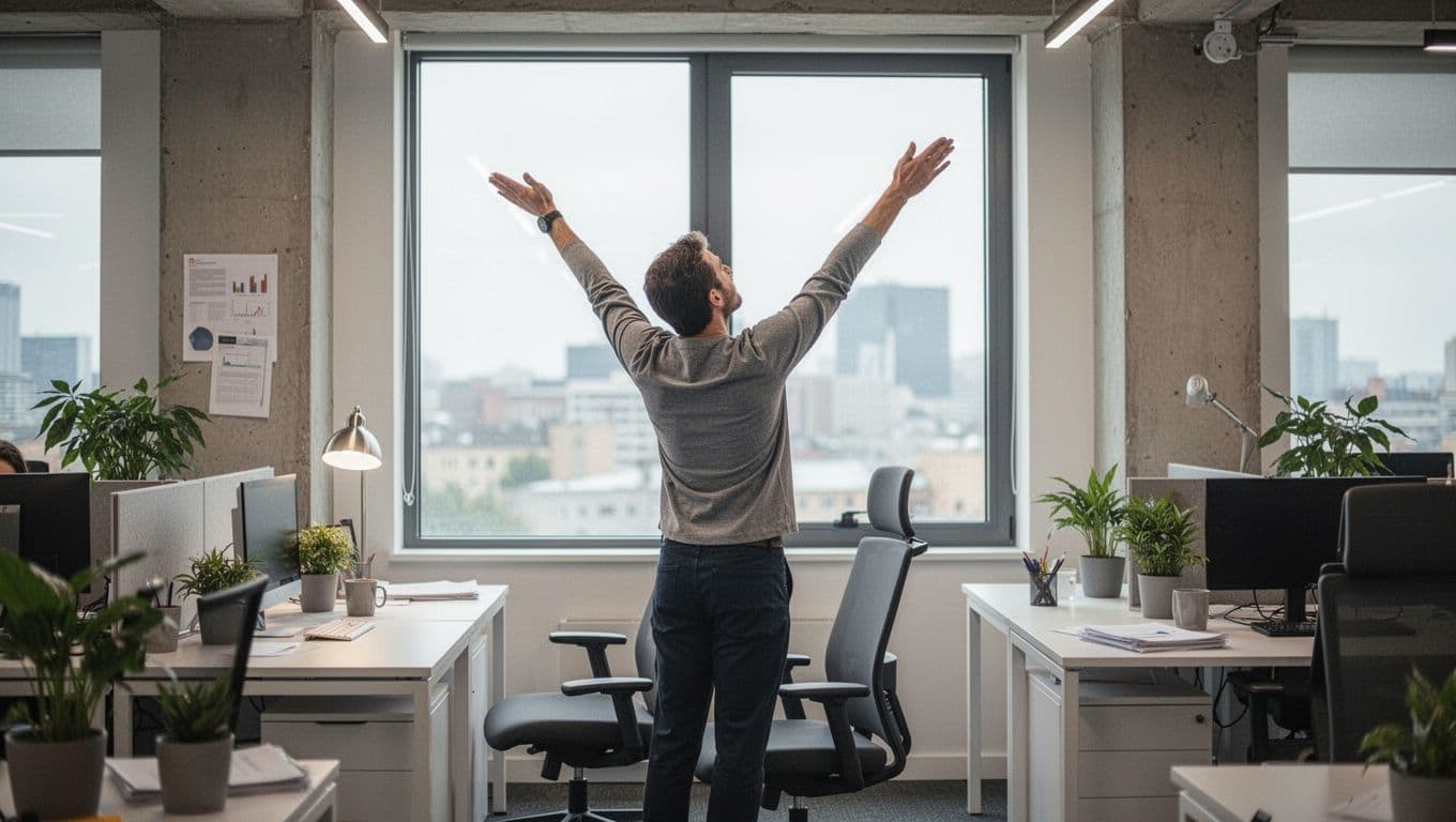 A single office worker stands from their desk, stretches arms overhead, and looks out the window in a modern open office with natural daylight and soft lighting.