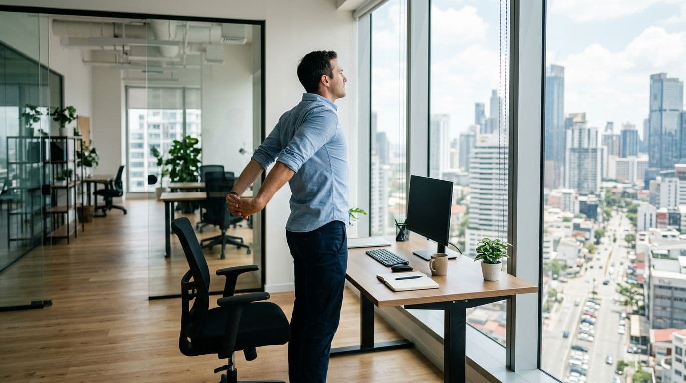 A single office worker stands up from their desk, stretching their shoulders in a relaxed posture while looking out the window in a simple modern office with bright natural light.