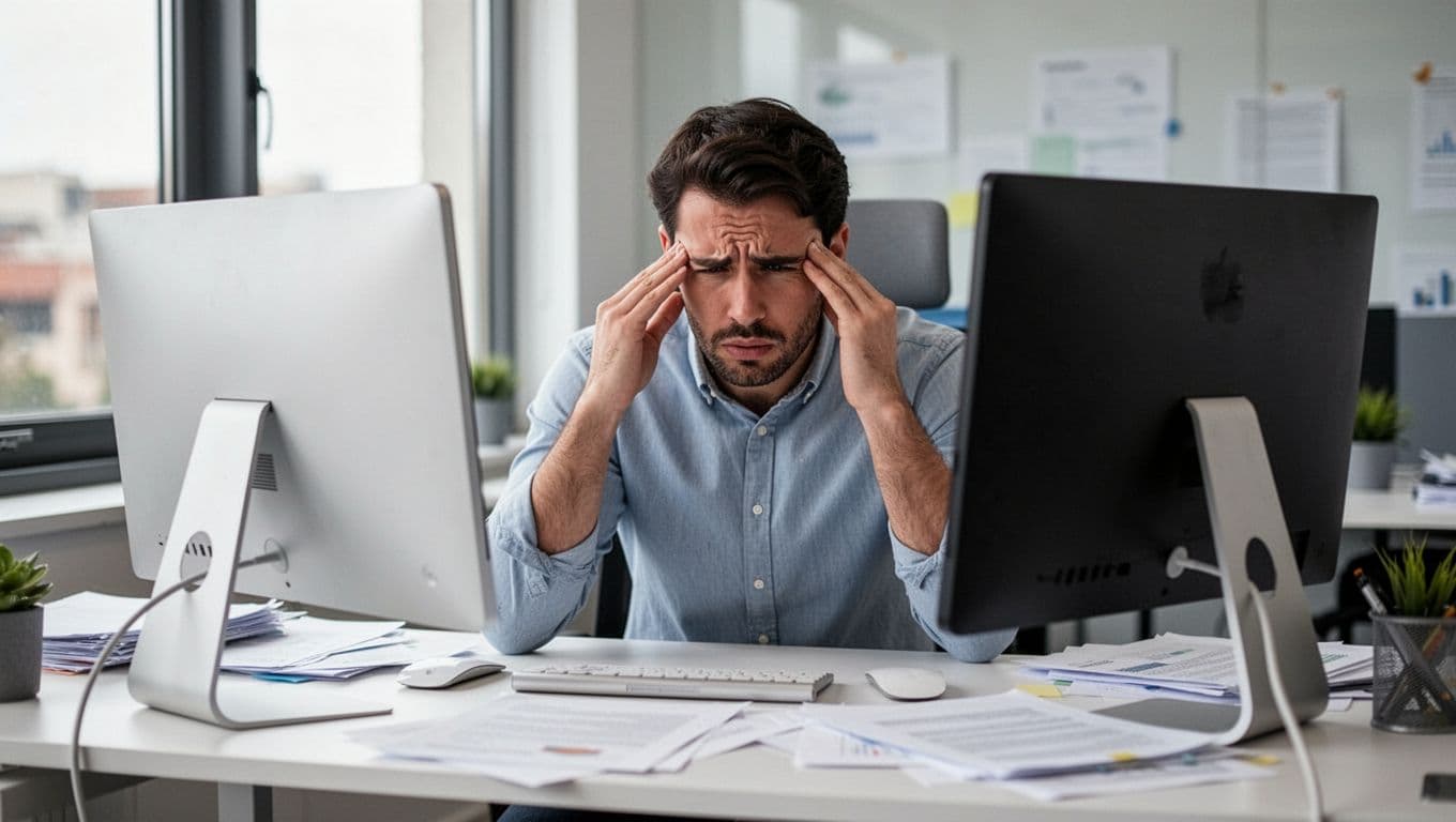 A single office worker at a desk in a modern office displays subtle anxiety signs like tense shoulders, furrowed brow, rubbing temples, and staring at a computer screen amid scattered papers, under natural daylight.