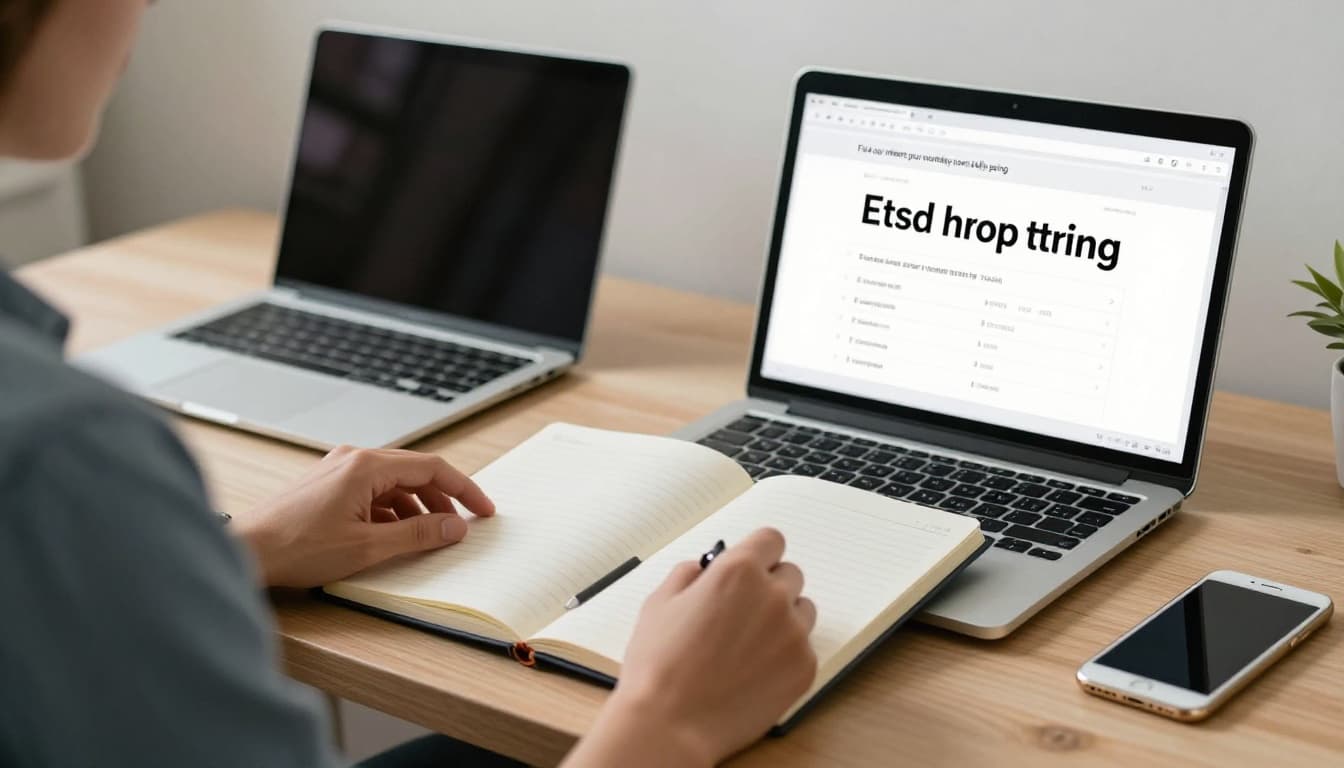 A person sits relaxed at a modern office desk, holding a notebook and pen to mark screen time log next to laptop and phone, natural daylight lighting, realistic style.