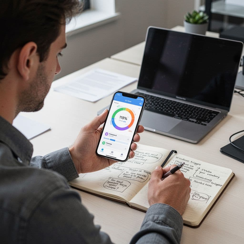 A person at a desk in an office looks at a screen time tracker app on their smartphone, with a notebook of handwritten notes nearby and natural lighting.