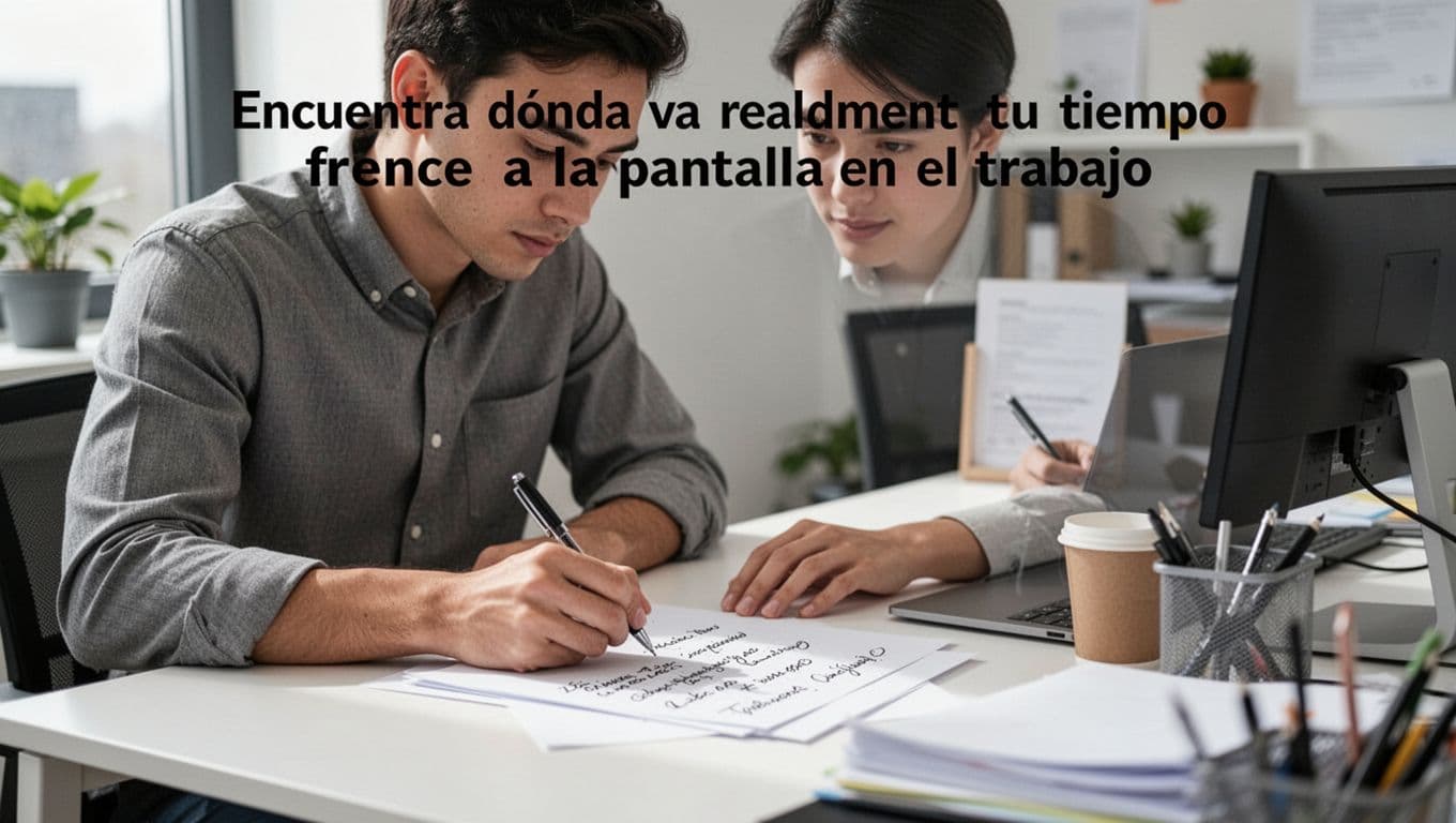 A focused office worker at a desk jotting notes on paper about screen time triggers during a workday in a simple modern office setting with natural daylight lighting.