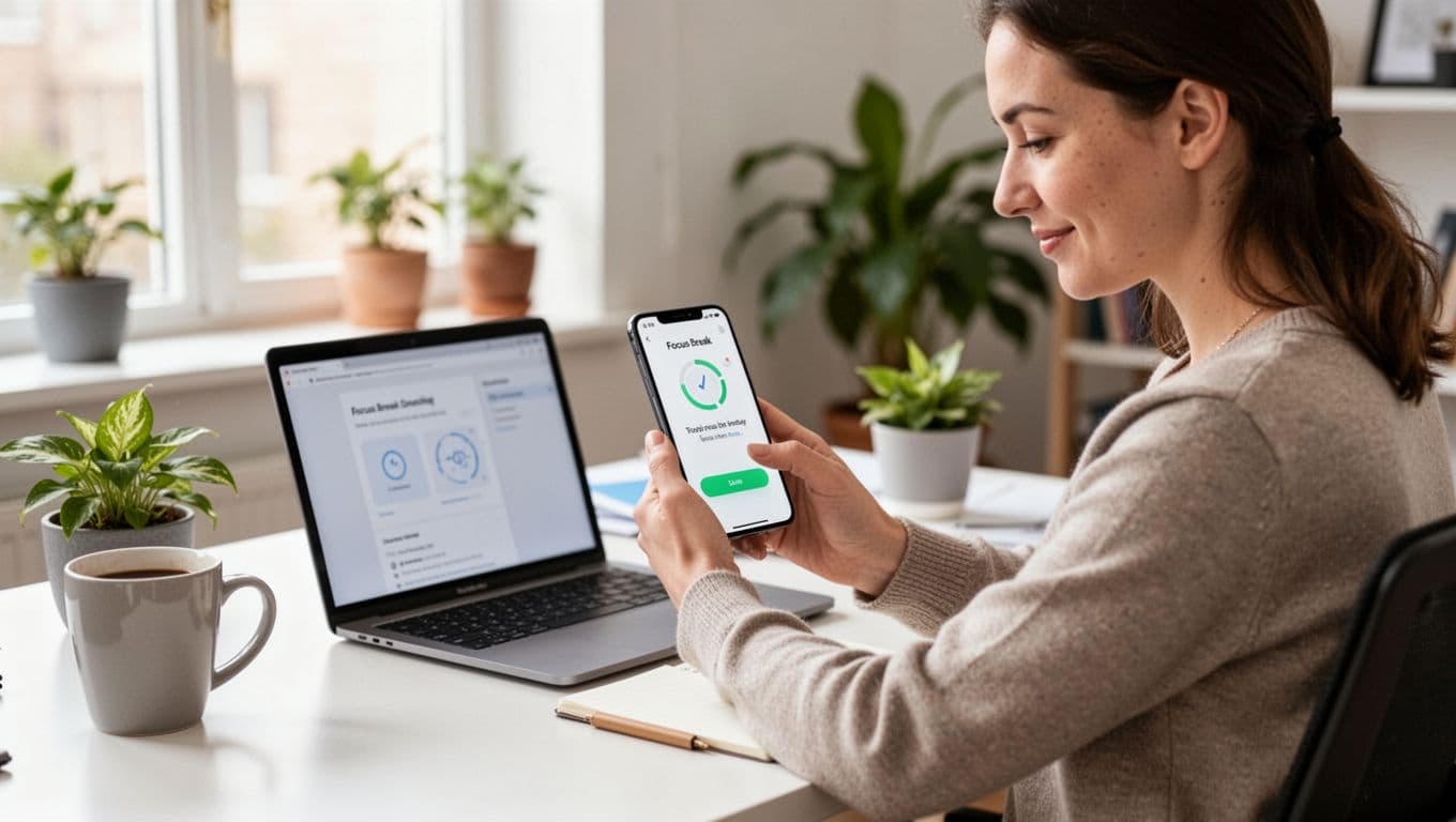 A single office worker sits at a clean desk in a bright home office, checking a simple wellness app on their phone for a focus break reminder. Nearby are an open laptop with no visible screen, a coffee mug, and a plant, with the worker showing relaxed shoulders and a calm expression in realistic photography style with soft natural daylight.