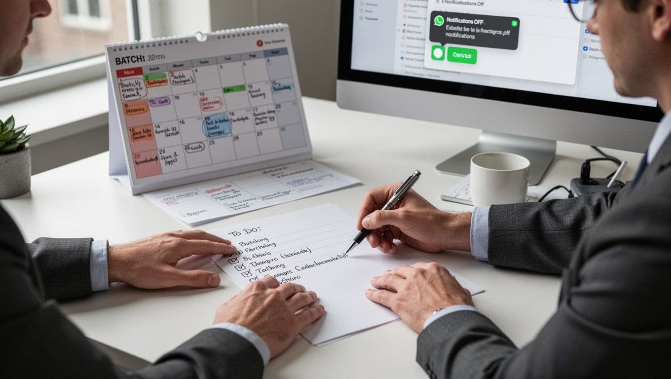 An office worker at a desk writes a to-do list on paper, with a calendar marking batch times and computer notifications off, in a simple modern office with soft daylight, focusing on the paper and pen.