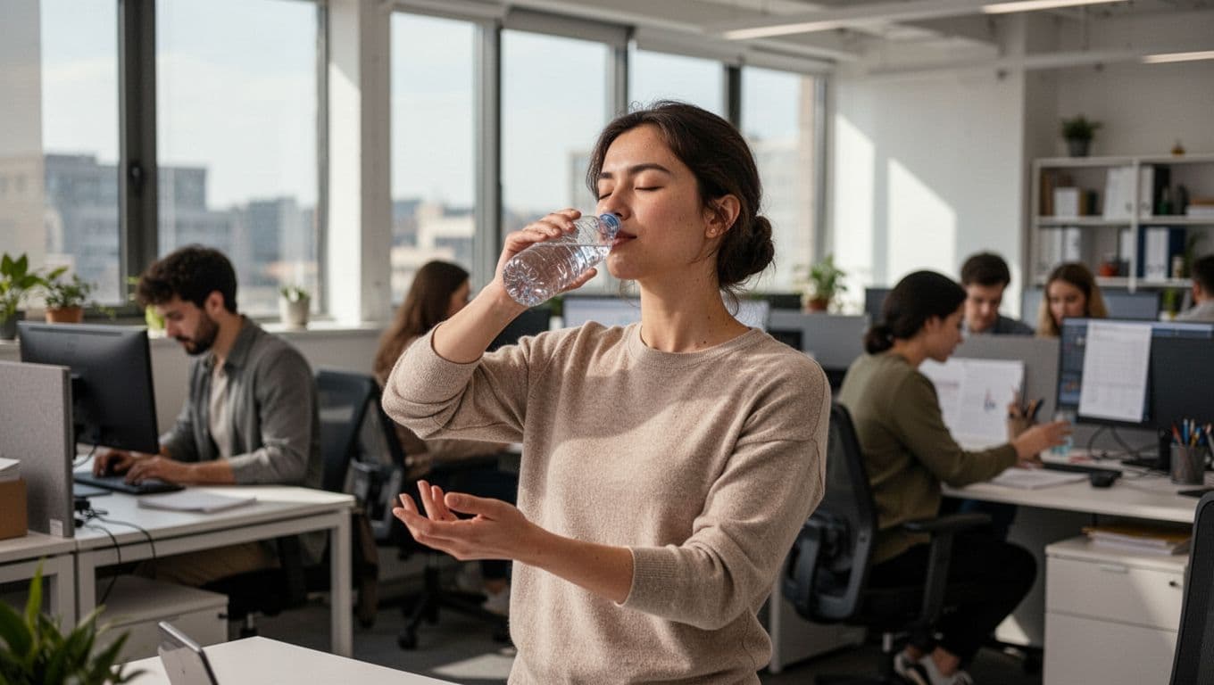 A photorealistic image of an employee in an open office taking a healthy break by stretching or drinking water, with a relaxed expression, colleagues blurred in the background working under natural daylight.