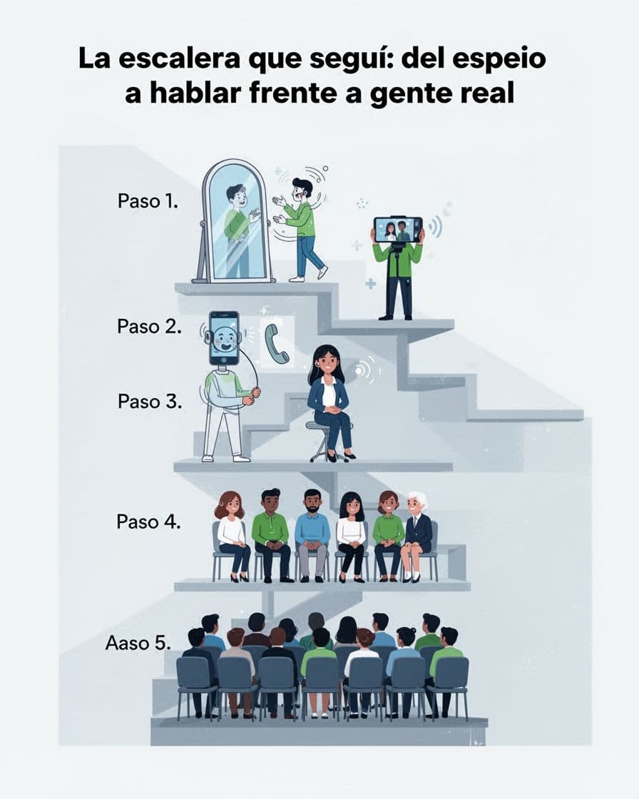 Ilustración de escalera ascendente con cinco niveles simbólicos: espejo hablando, grabando video, persona escuchando, grupo pequeño y audiencia en sala. Estilo moderno con formas limpias en azules y verdes suaves.