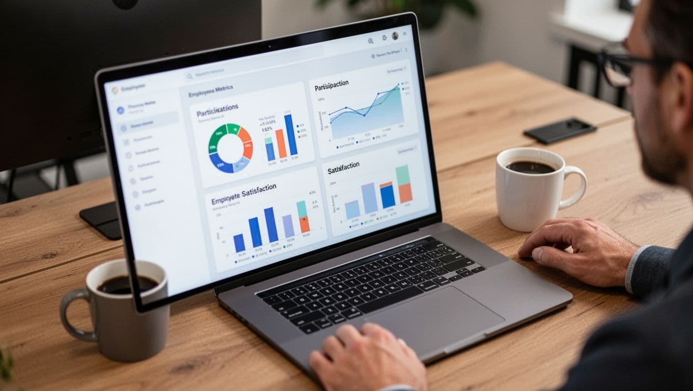 Photorealistic overhead angled view of a simple office desk setup featuring a laptop screen displaying blurred charts for employee metrics like participation and satisfaction, a coffee mug, and a person's hand resting nearby.