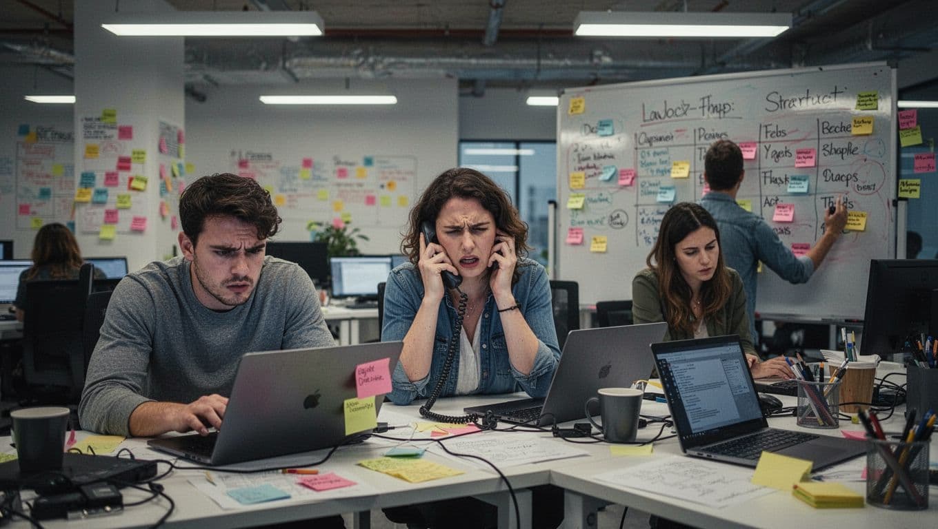 Three exhausted team members in a cluttered open-plan startup office handle overwhelming workloads: one frantically types on a laptop with a tense expression, another manages a stressful phone call, and the third examines a whiteboard filled with pending tasks.