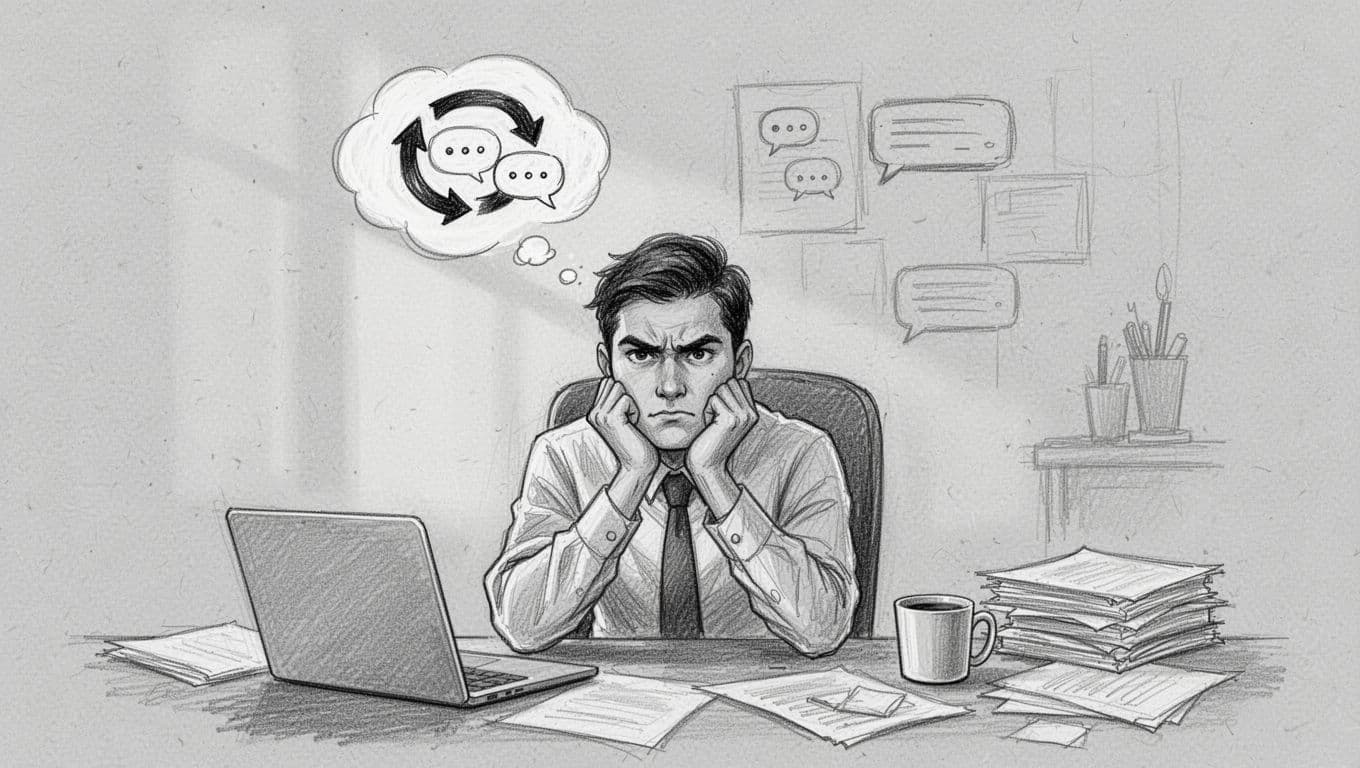 A young professional sits tensely at a cluttered home office desk, chin in hands with furrowed brow, and a large thought bubble overhead showing a looping arrow around speech bubbles representing a replayed conversation. Hand-drawn graphite sketch style with light shading on clean light gray background.