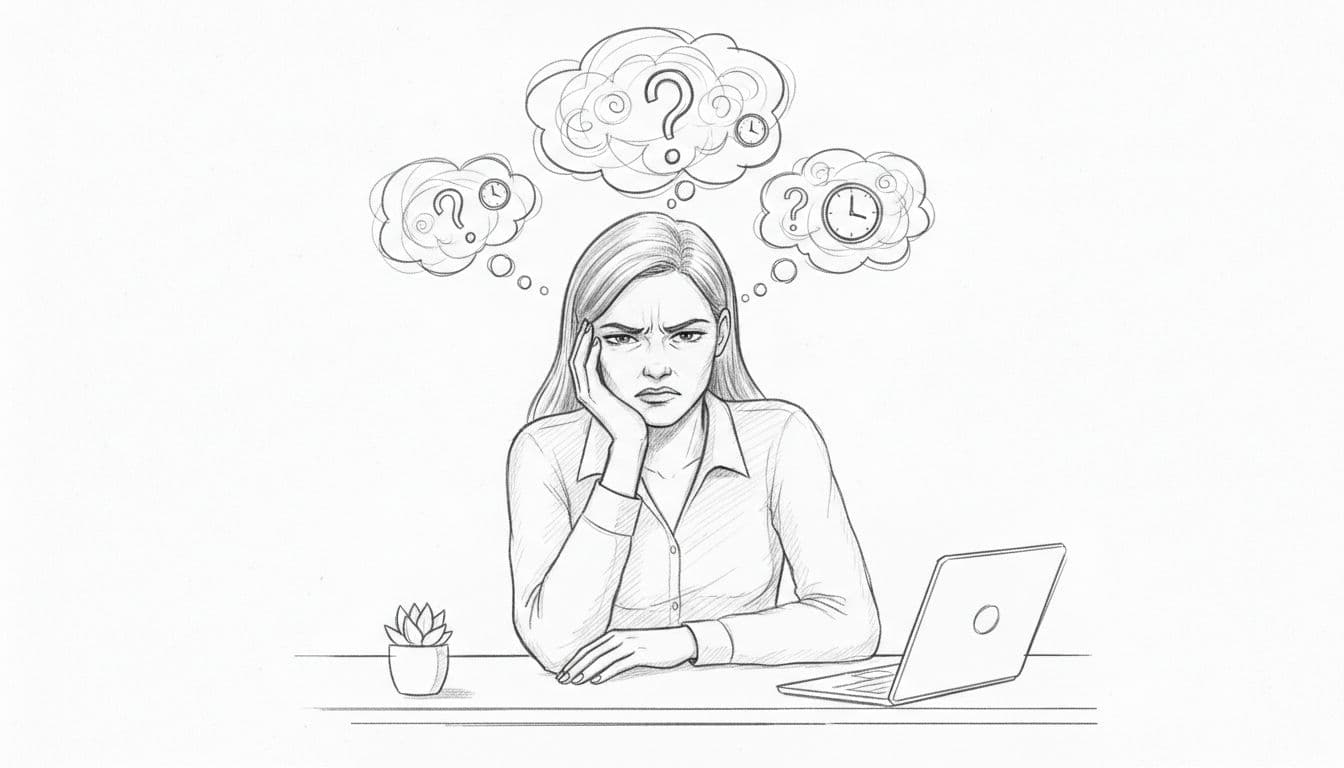 Hand-drawn sketch of a mid-20s professional woman at a modern office desk, head on hand with tense expression, shoulders hunched, and subtle thought bubbles showing swirling question marks and clocks symbolizing worries.