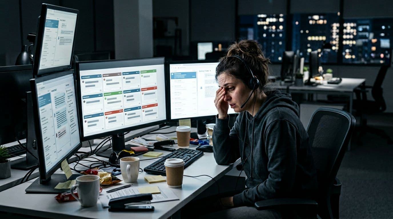 A stressed customer support agent with an overwhelmed expression sits at a cluttered desk featuring multiple screens displaying chat queues and angry customer messages, surrounded by coffee cups in a modern late-evening office illuminated by soft screen lighting.